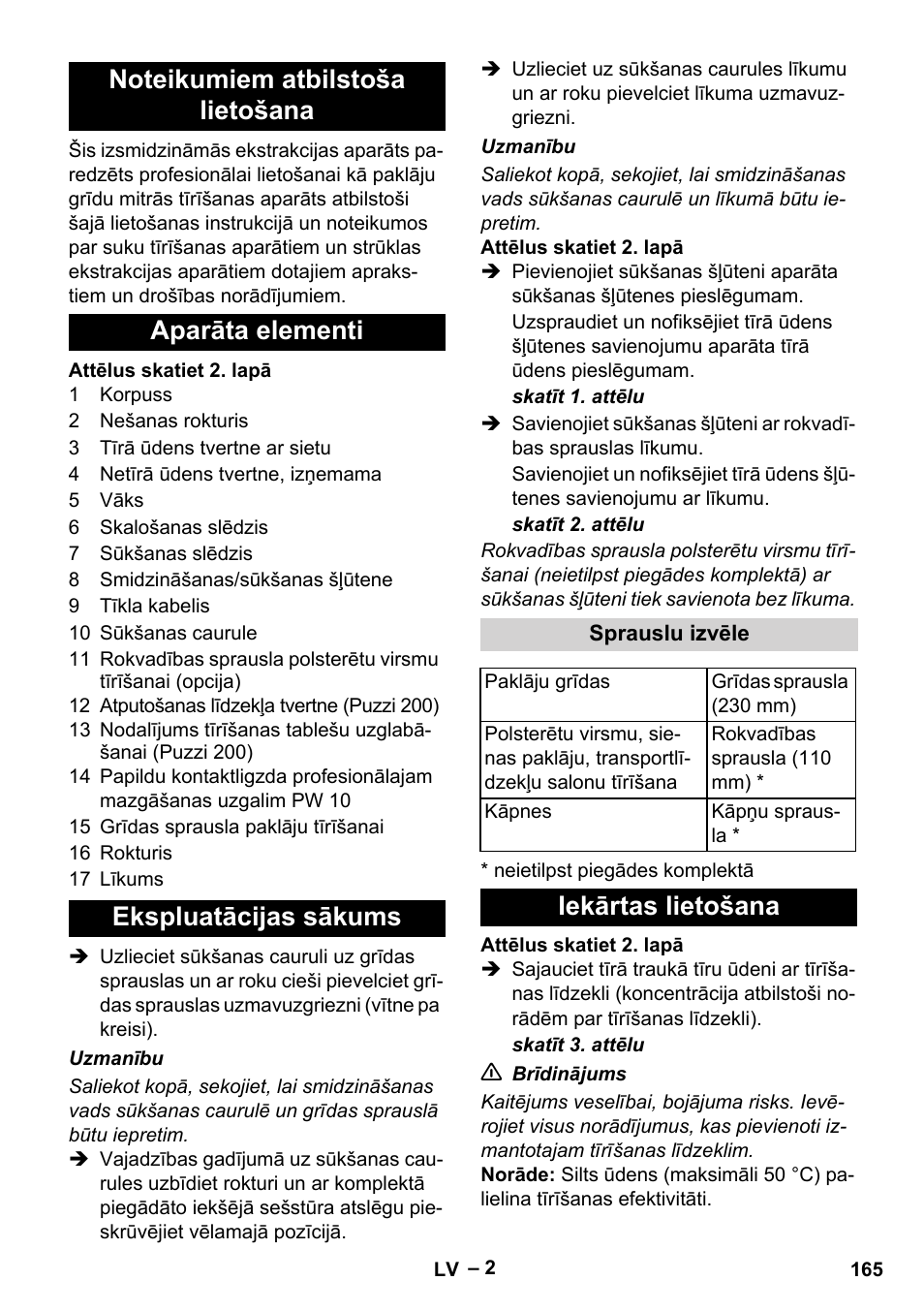 Noteikumiem atbilstoša lietošana, Aparāta elementi, Ekspluatācijas sākums | Sprauslu izvēle, Iekārtas lietošana | Karcher Puzzi 200 User Manual | Page 165 / 188