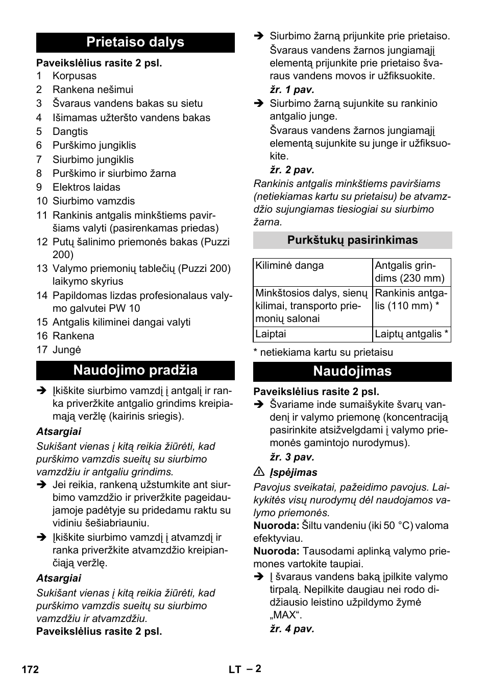 Prietaiso dalys, Naudojimo pradžia, Purkštukų pasirinkimas | Naudojimas, Prietaiso dalys naudojimo pradžia | Karcher Puzzi 200 User Manual | Page 172 / 188