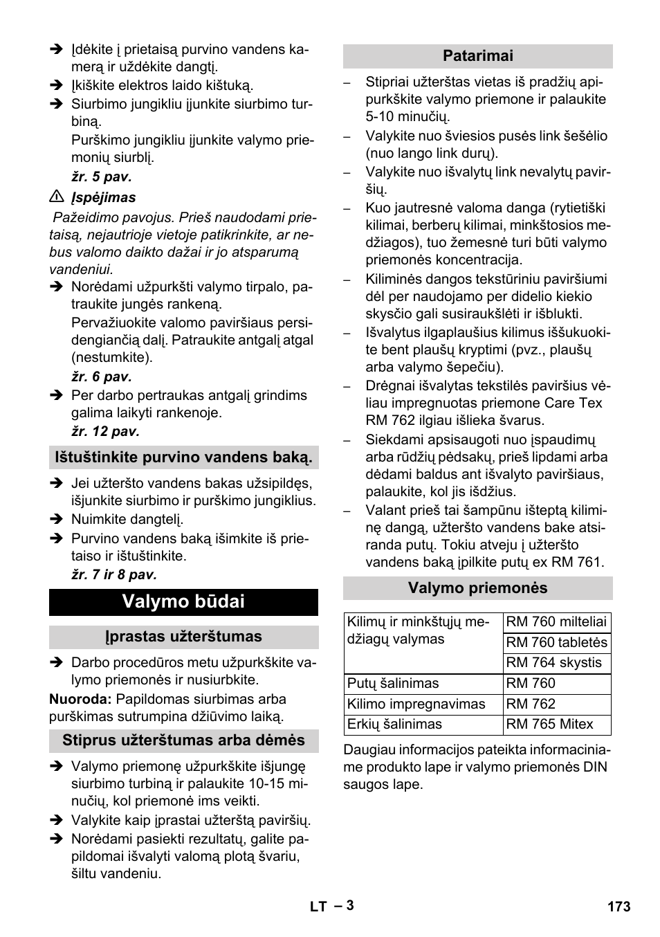 Ištuštinkite purvino vandens baką, Valymo būdai, Įprastas užterštumas | Stiprus užterštumas arba dėmės, Patarimai, Valymo priemonės | Karcher Puzzi 200 User Manual | Page 173 / 188