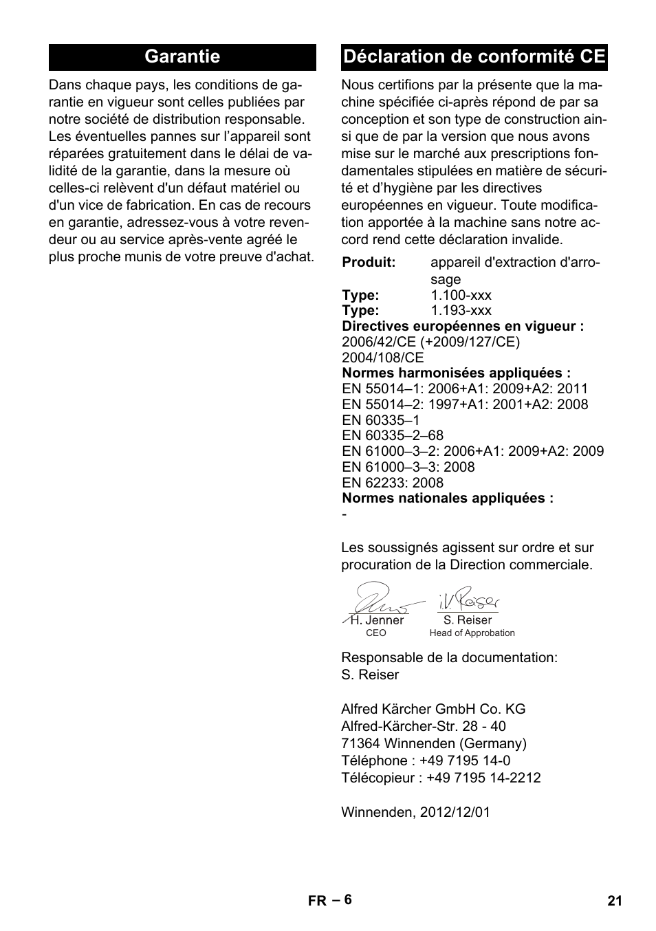 Garantie, Déclaration de conformité ce, Garantie déclaration de conformité ce | Karcher Puzzi 200 User Manual | Page 21 / 188