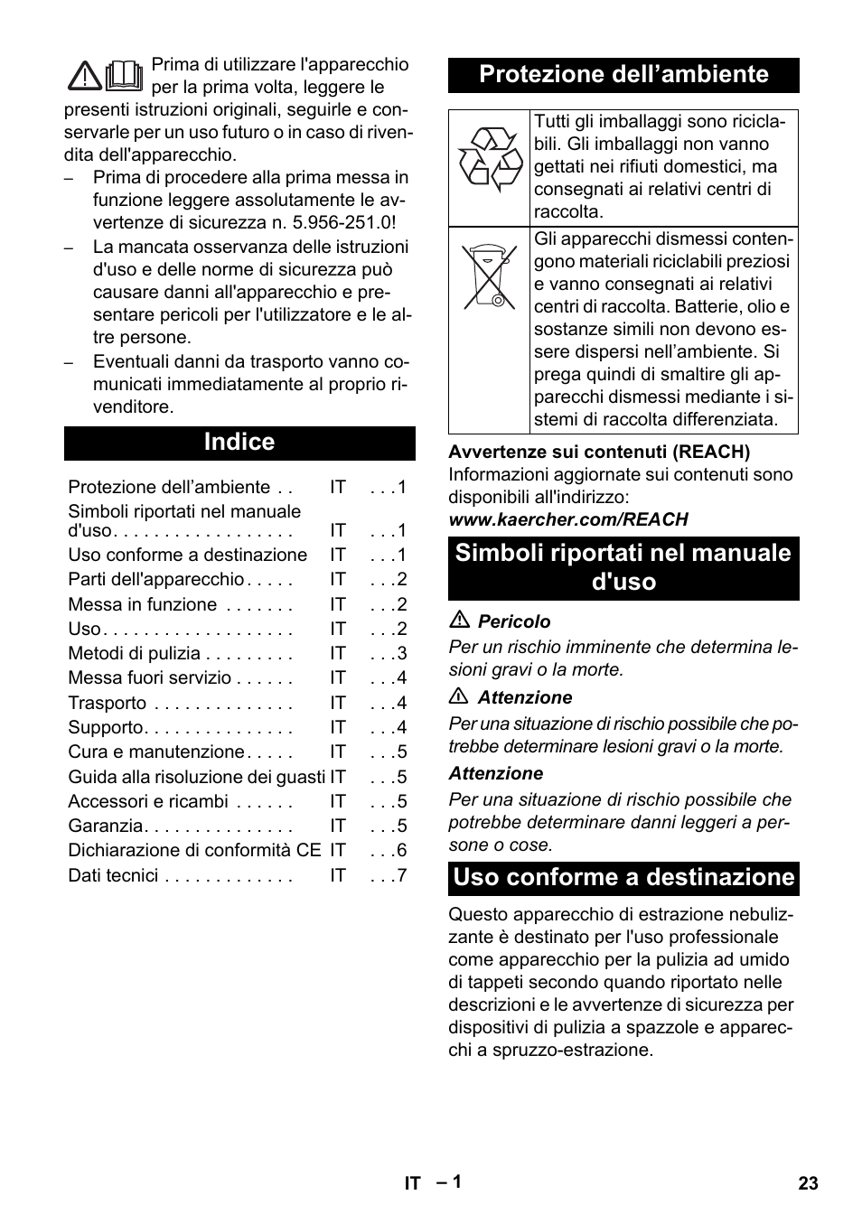 Italiano, Indice, Protezione dell’ambiente | Simboli riportati nel manuale d'uso, Uso conforme a destinazione | Karcher Puzzi 200 User Manual | Page 23 / 188