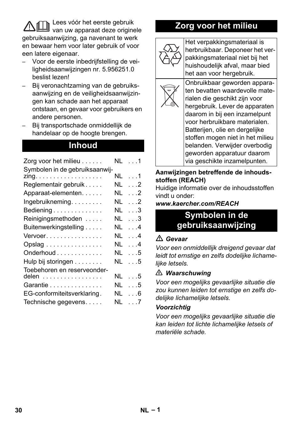 Nederlands, Inhoud, Zorg voor het milieu | Symbolen in de gebruiksaanwijzing | Karcher Puzzi 200 User Manual | Page 30 / 188