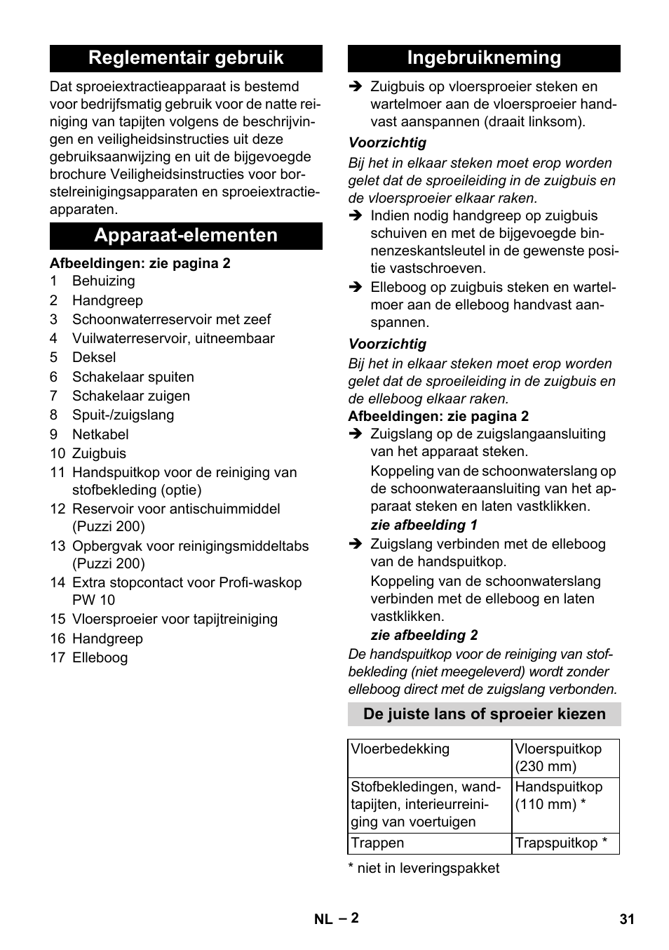 Reglementair gebruik, Apparaat-elementen, Ingebruikneming | De juiste lans of sproeier kiezen | Karcher Puzzi 200 User Manual | Page 31 / 188