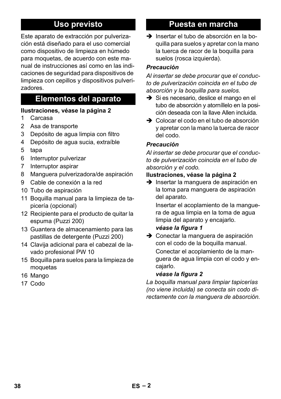 Uso previsto, Elementos del aparato, Puesta en marcha | Karcher Puzzi 200 User Manual | Page 38 / 188