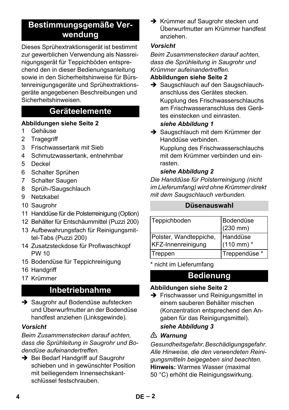 Bestimmungsgemäße verwendung, Geräteelemente, Inbetriebnahme | Düsenauswahl, Bedienung | Karcher Puzzi 200 User Manual | Page 4 / 188