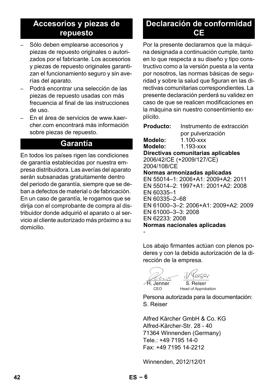 Accesorios y piezas de repuesto, Garantía, Declaración de conformidad ce | Karcher Puzzi 200 User Manual | Page 42 / 188