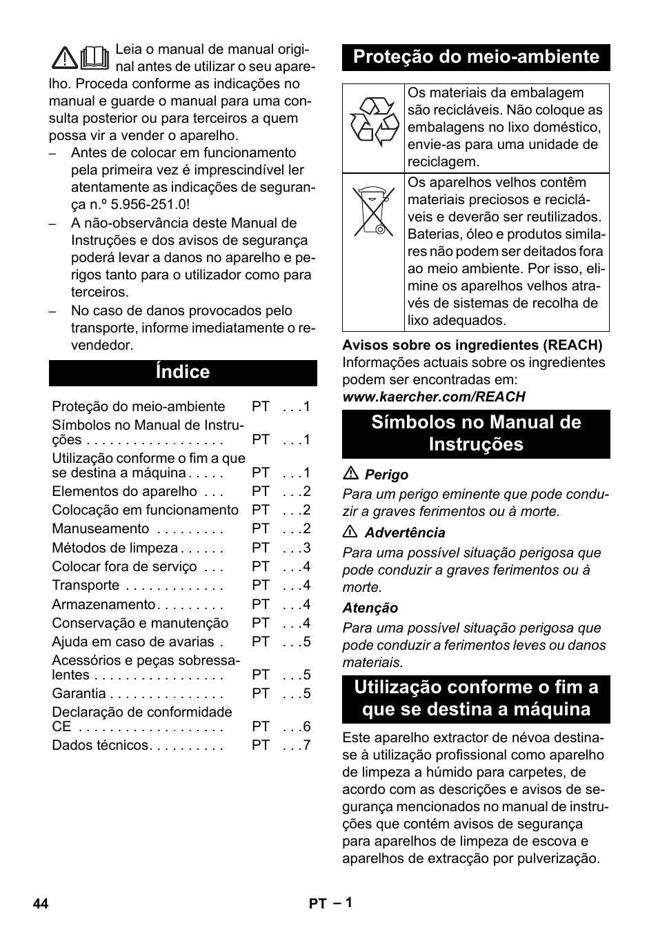 Português, Índice, Proteção do meio-ambiente | Símbolos no manual de instruções | Karcher Puzzi 200 User Manual | Page 44 / 188