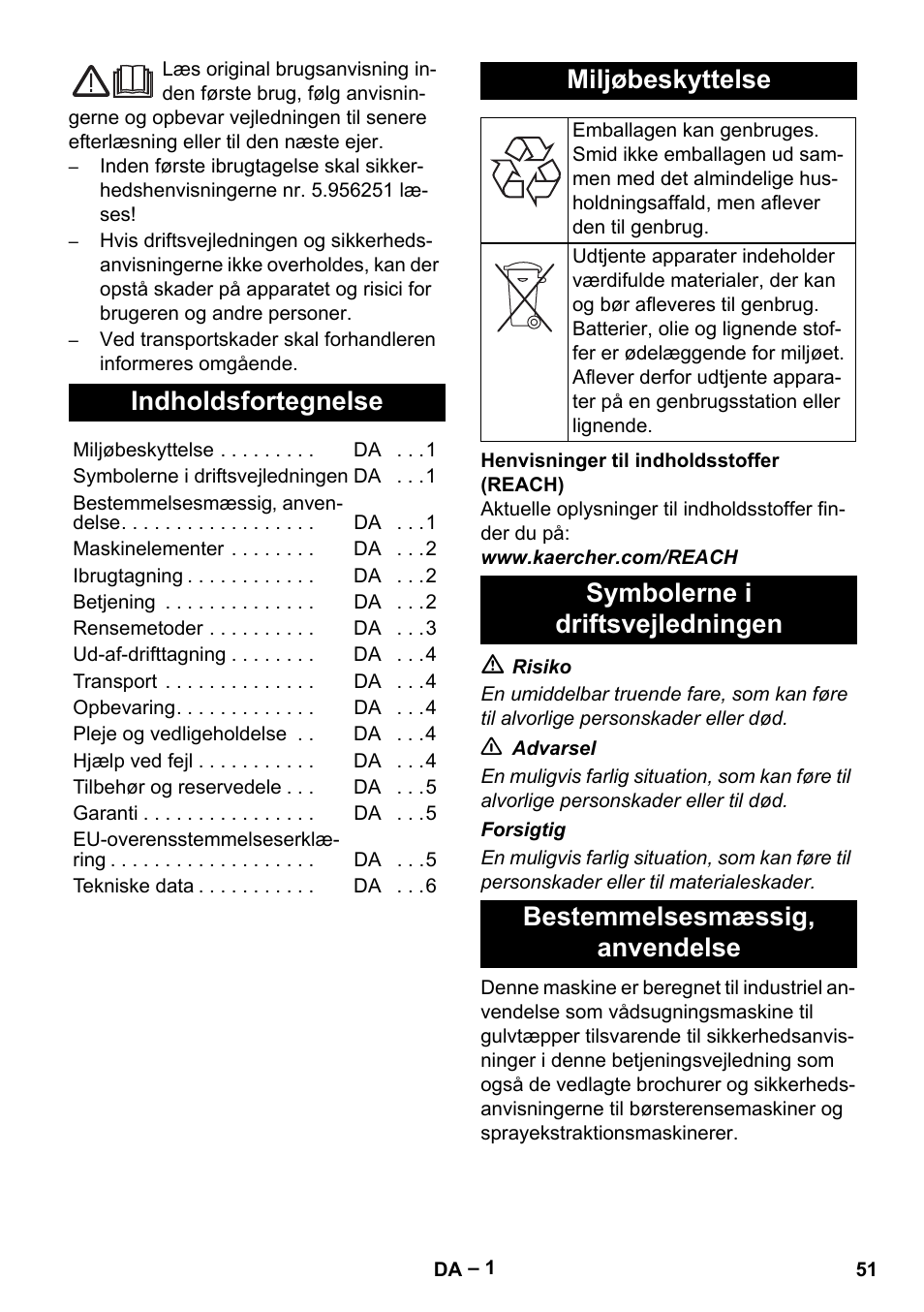 Dansk, Indholdsfortegnelse, Miljøbeskyttelse | Symbolerne i driftsvejledningen, Bestemmelsesmæssig‚ anvendelse | Karcher Puzzi 200 User Manual | Page 51 / 188