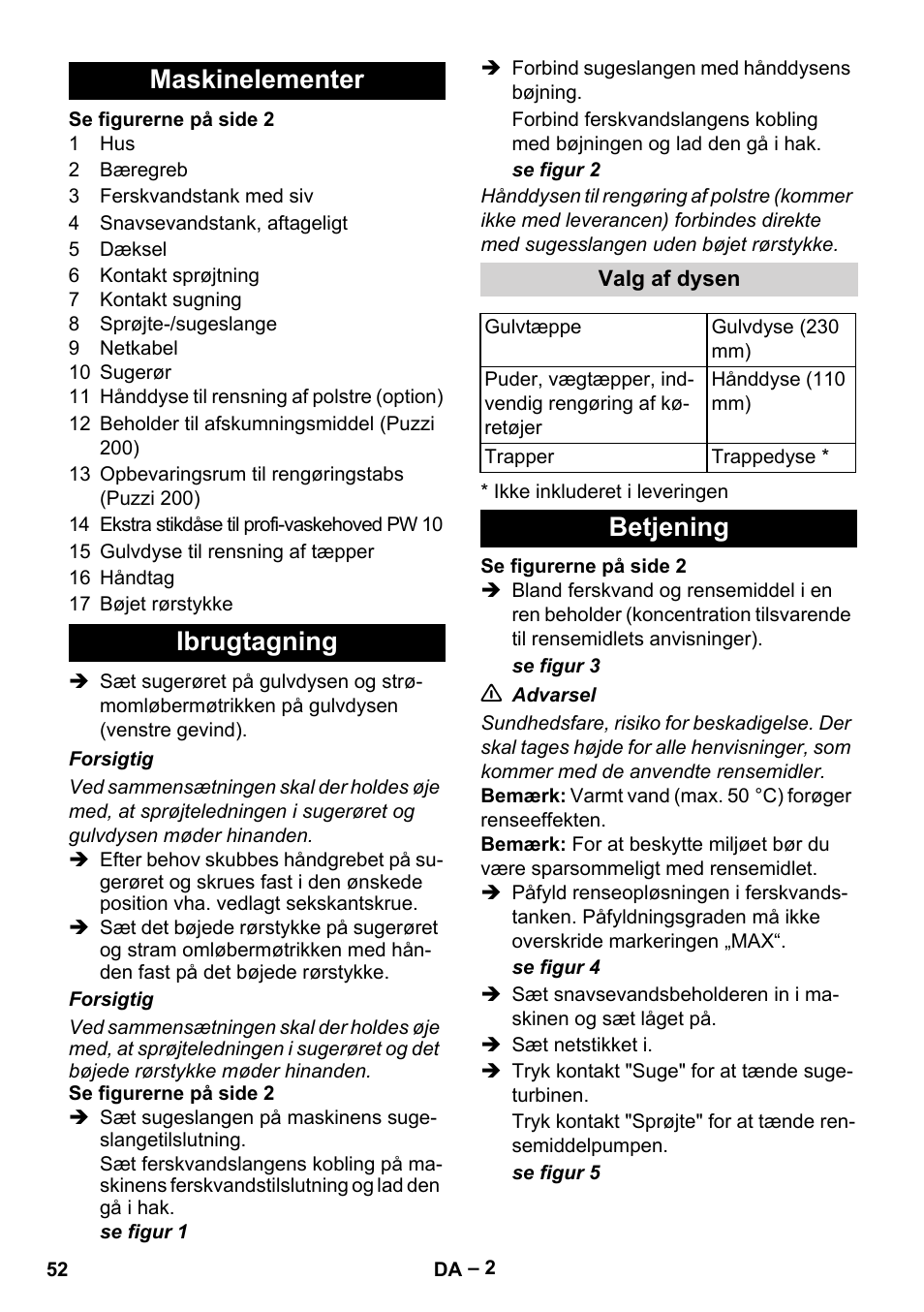 Maskinelementer, Ibrugtagning, Valg af dysen | Betjening, Maskinelementer ibrugtagning | Karcher Puzzi 200 User Manual | Page 52 / 188