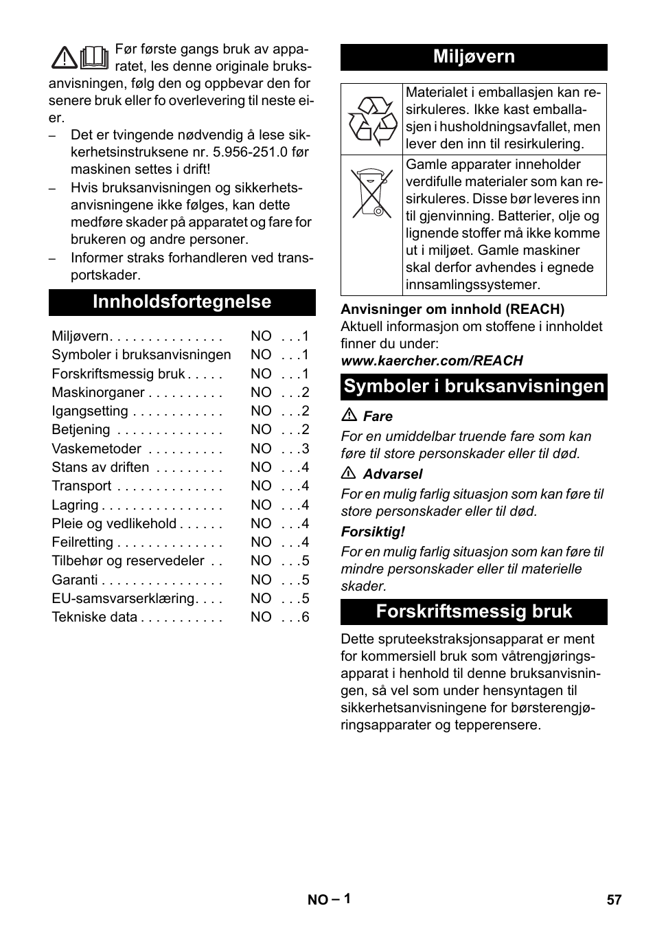 Norsk, Innholdsfortegnelse, Miljøvern | Symboler i bruksanvisningen, Forskriftsmessig bruk, Symboler i bruksanvisningen forskriftsmessig bruk | Karcher Puzzi 200 User Manual | Page 57 / 188