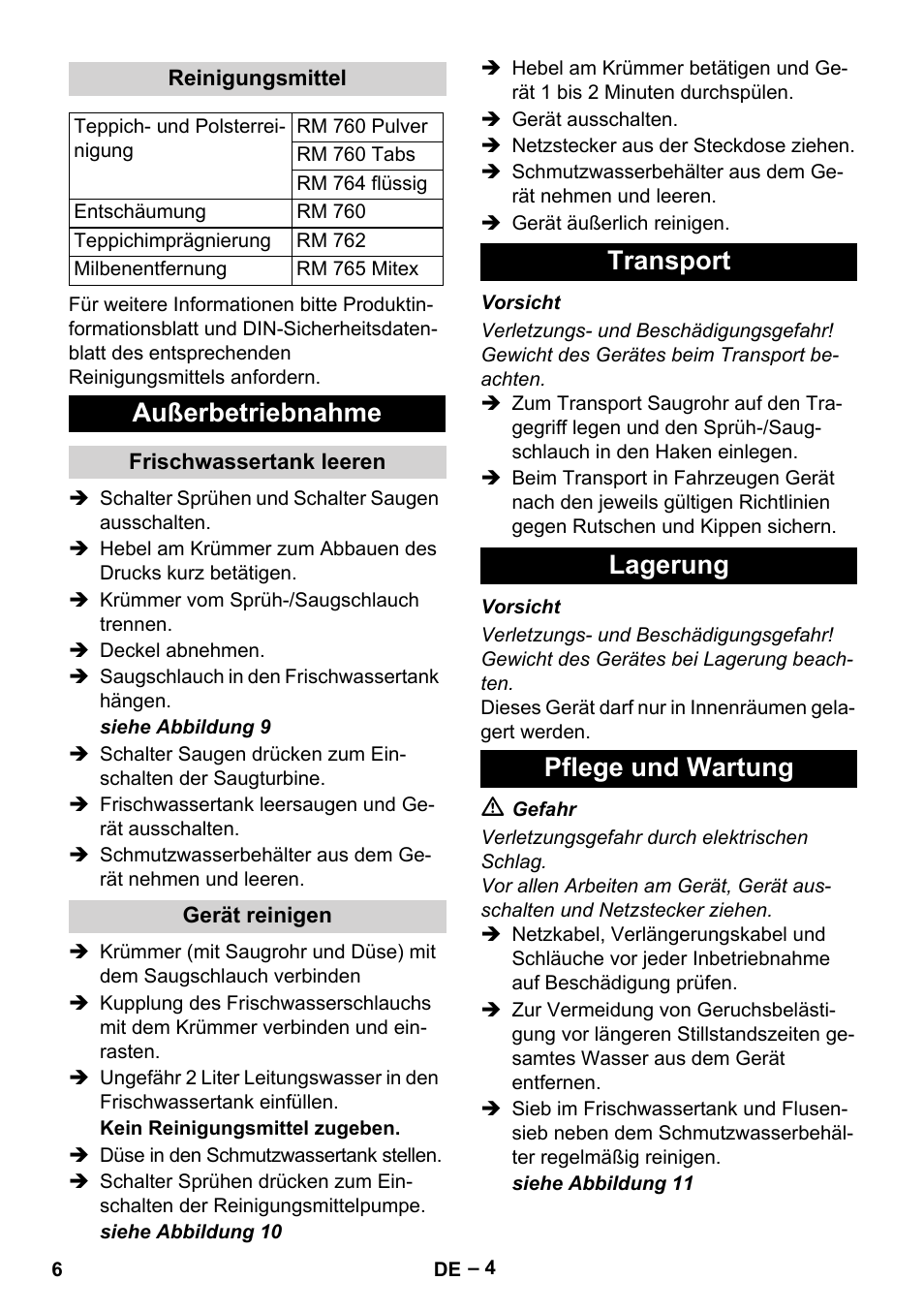 Reinigungsmittel, Außerbetriebnahme, Frischwassertank leeren | Gerät reinigen, Transport, Lagerung, Pflege und wartung, Transport lagerung pflege und wartung | Karcher Puzzi 200 User Manual | Page 6 / 188