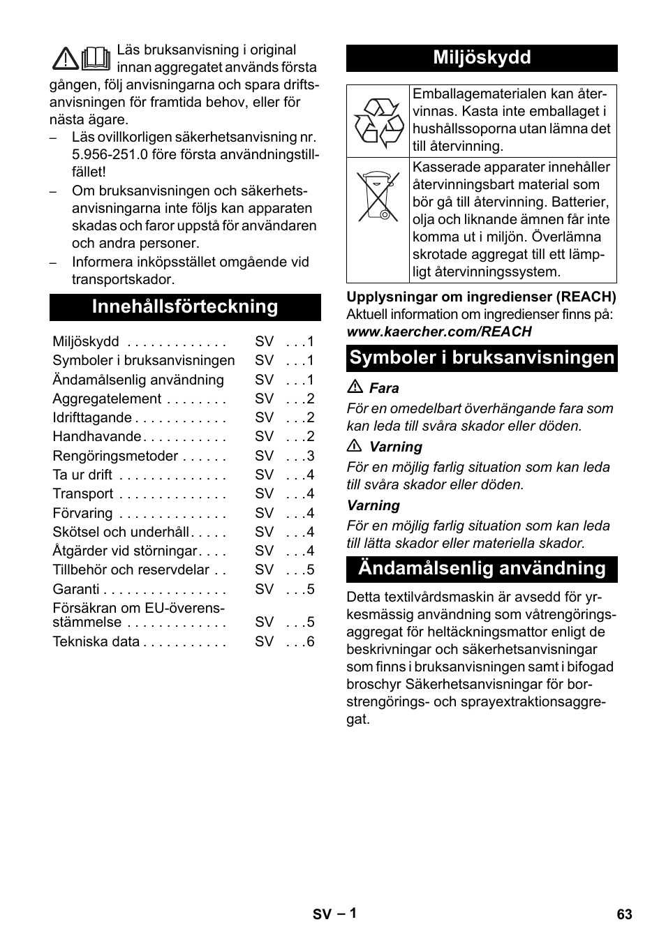 Svenska, Innehållsförteckning, Miljöskydd | Symboler i bruksanvisningen, Ändamålsenlig användning | Karcher Puzzi 200 User Manual | Page 63 / 188