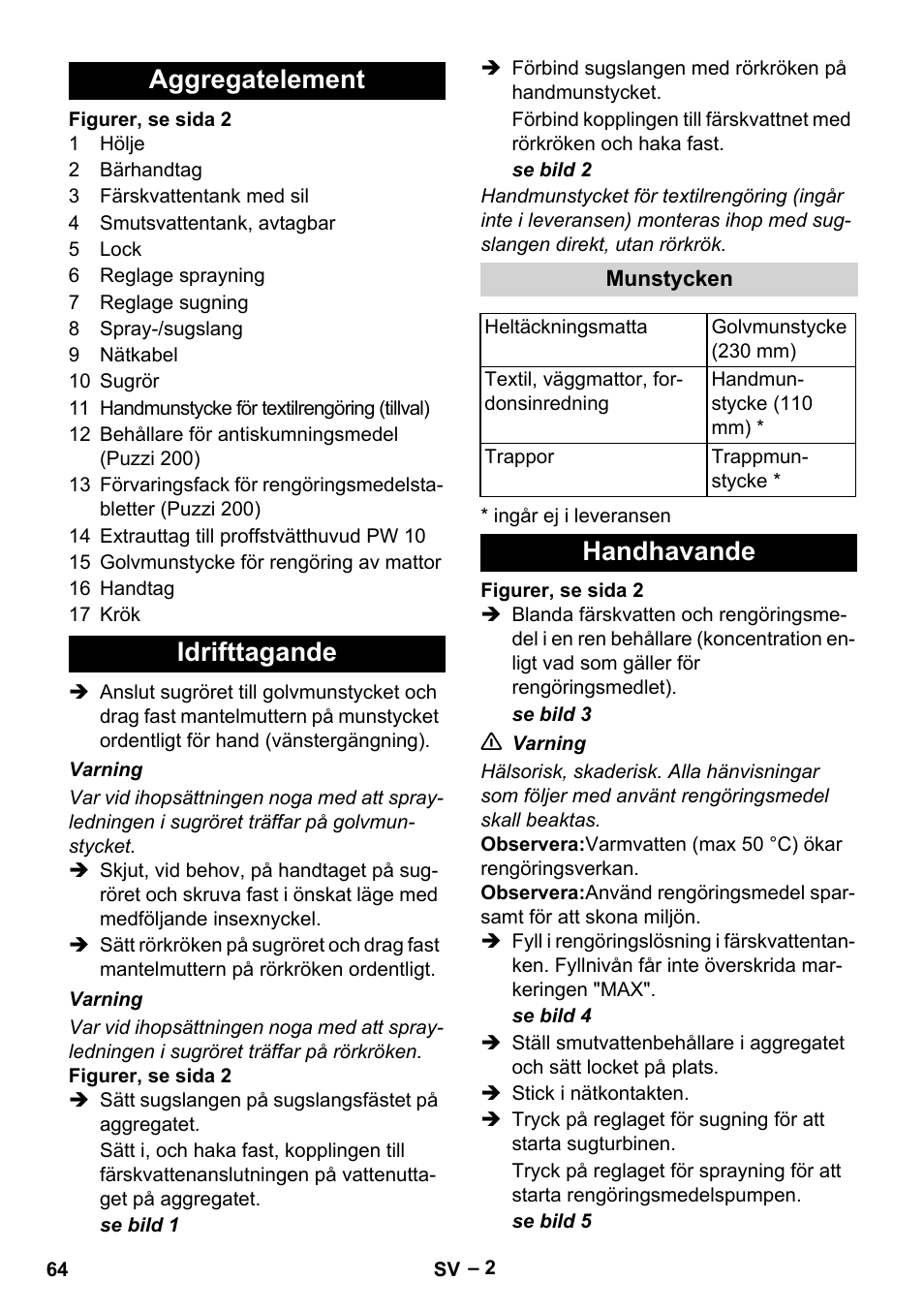 Aggregatelement, Idrifttagande, Munstycken | Handhavande, Aggregatelement idrifttagande | Karcher Puzzi 200 User Manual | Page 64 / 188