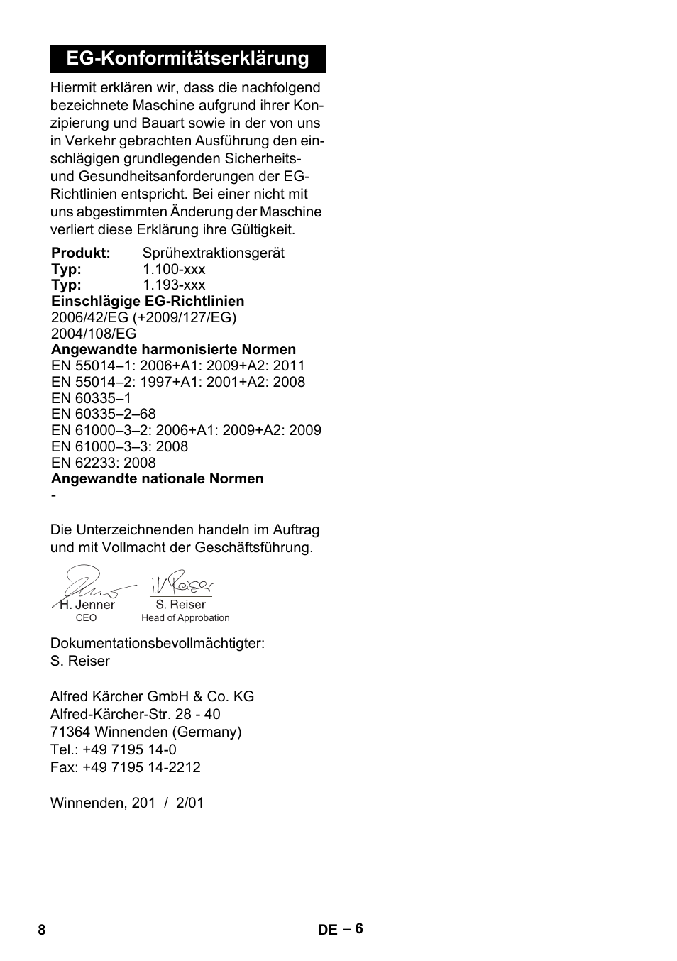 Eg-konformitätserklärung | Karcher Puzzi 200 User Manual | Page 8 / 188