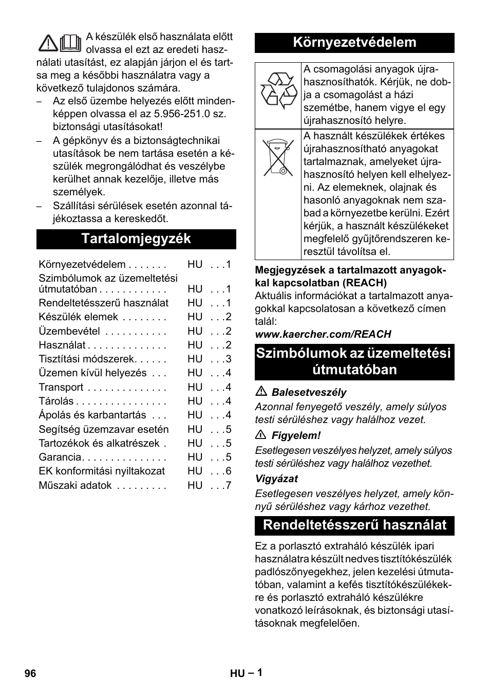 Magyar, Tartalomjegyzék, Környezetvédelem | Szimbólumok az üzemeltetési útmutatóban, Rendeltetésszerű használat | Karcher Puzzi 200 User Manual | Page 96 / 188
