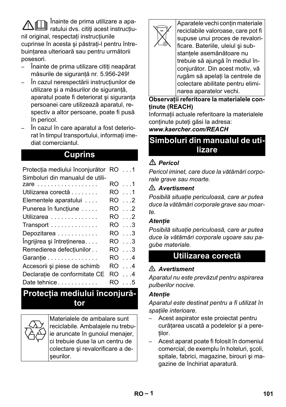 Româneşte, Cuprins, Protecţia mediului înconjură- tor | Karcher T 15-1+ ESB28 EU User Manual | Page 101 / 156