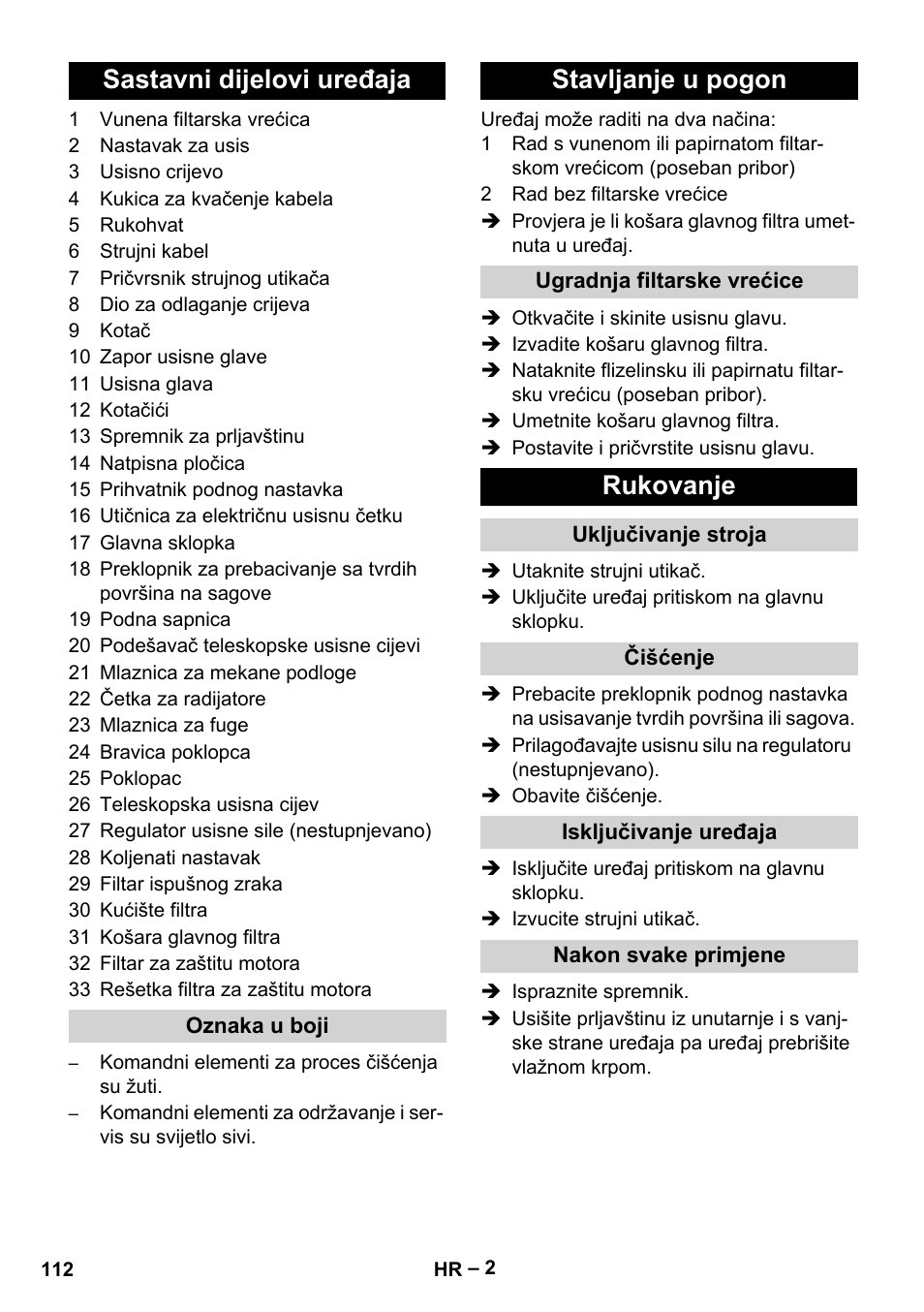 Sastavni dijelovi uređaja, Stavljanje u pogon, Rukovanje | Karcher T 15-1+ ESB28 EU User Manual | Page 112 / 156