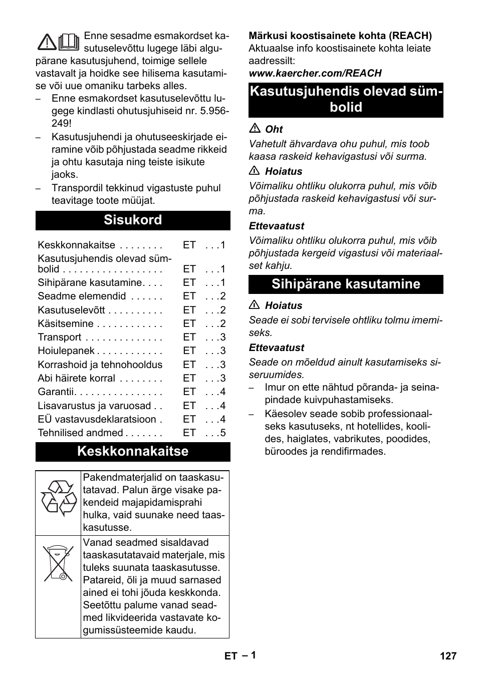 Eesti, Sisukord, Keskkonnakaitse | Karcher T 15-1+ ESB28 EU User Manual | Page 127 / 156