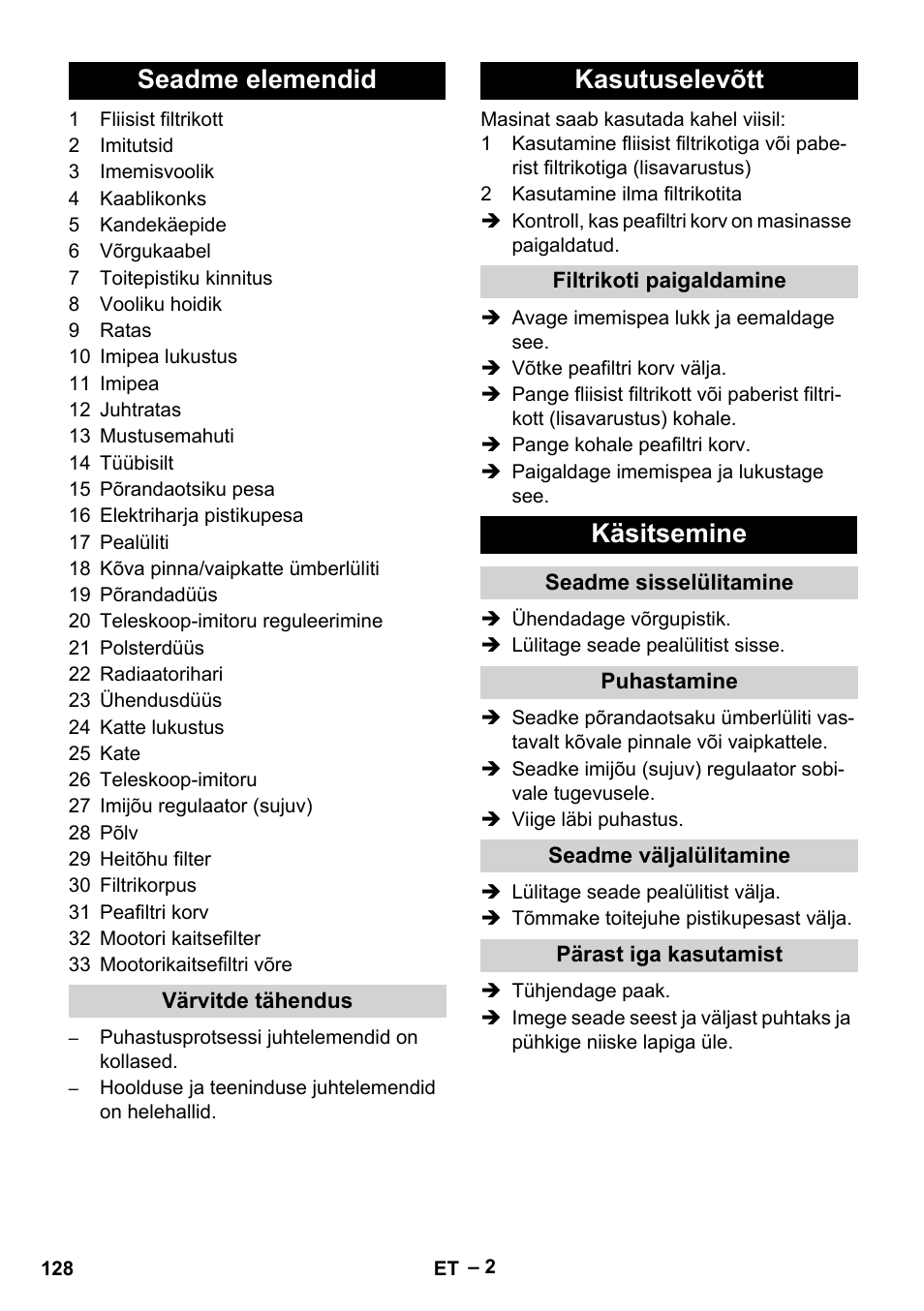 Seadme elemendid, Kasutuselevõtt, Käsitsemine | Karcher T 15-1+ ESB28 EU User Manual | Page 128 / 156