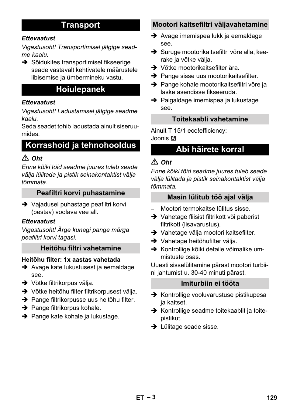 Transport hoiulepanek korrashoid ja tehnohooldus, Abi häirete korral | Karcher T 15-1+ ESB28 EU User Manual | Page 129 / 156