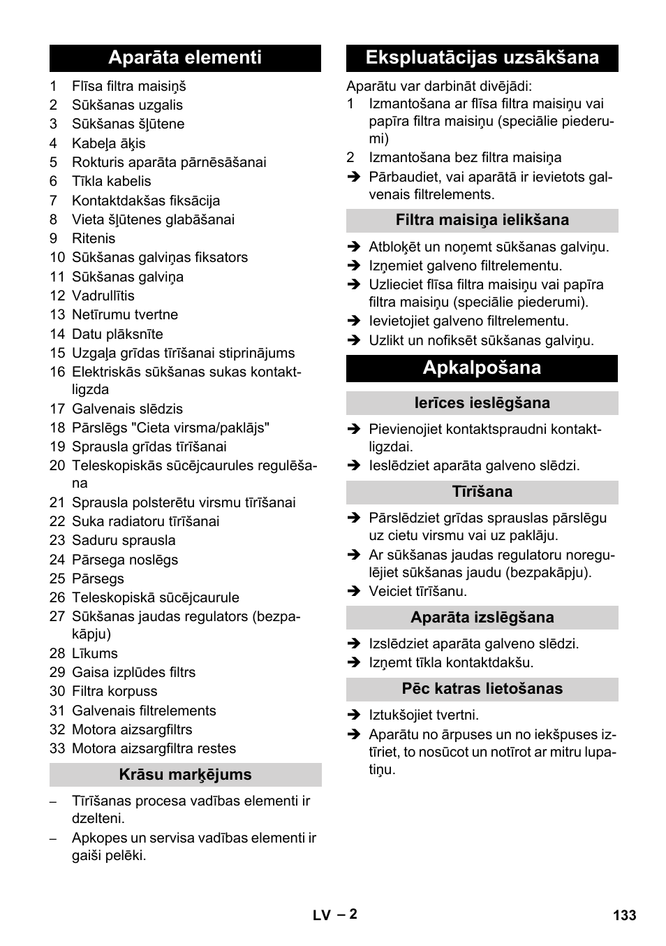 Aparāta elementi, Ekspluatācijas uzsākšana, Apkalpošana | Karcher T 15-1+ ESB28 EU User Manual | Page 133 / 156