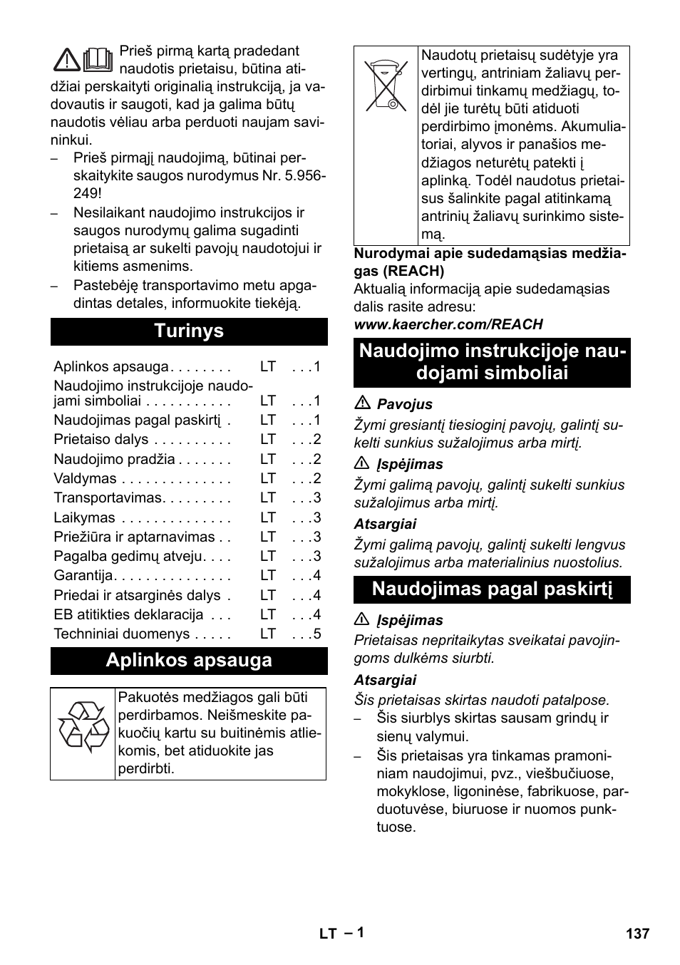 Lietuviškai, Turinys, Aplinkos apsauga | Karcher T 15-1+ ESB28 EU User Manual | Page 137 / 156