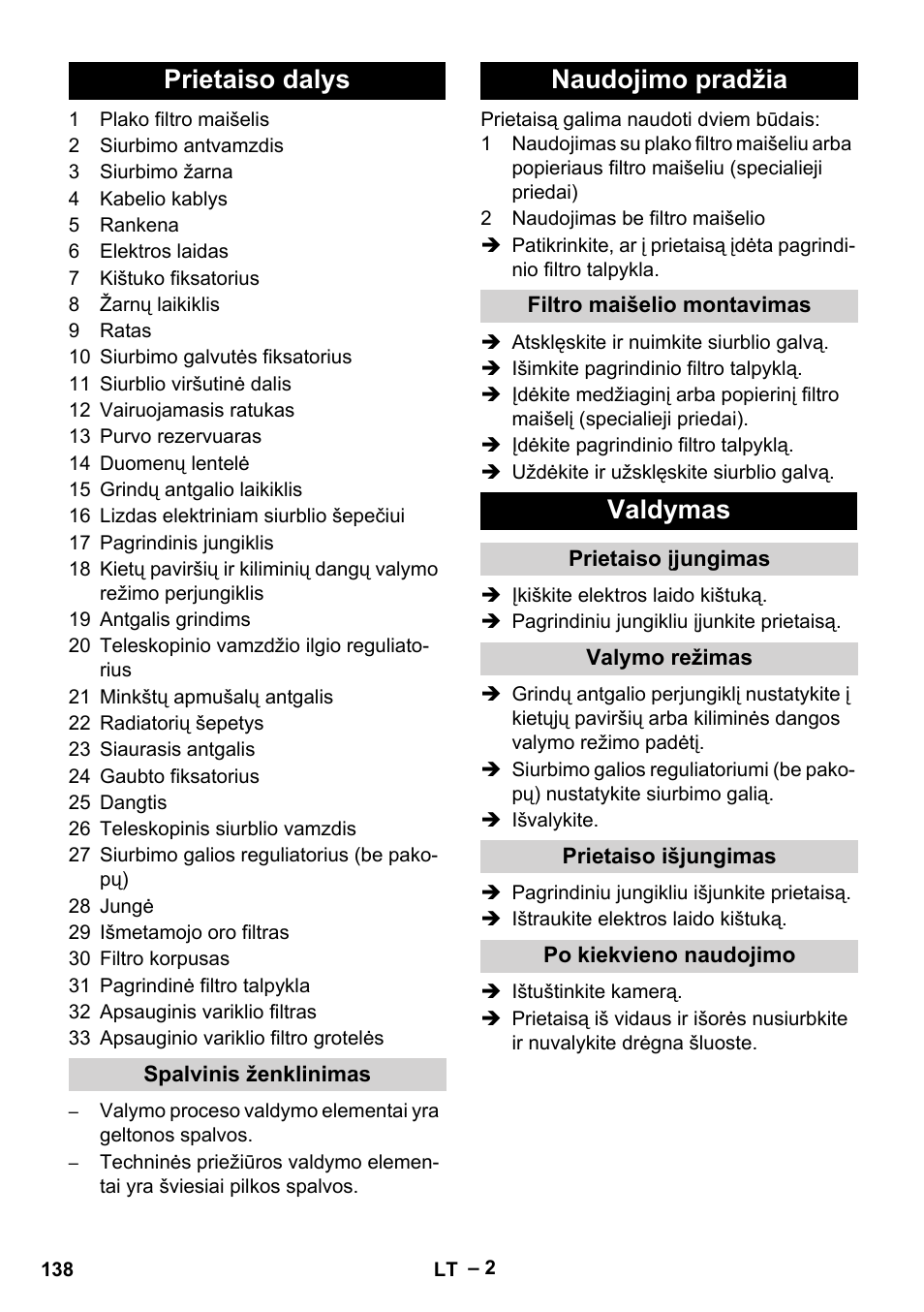 Prietaiso dalys, Naudojimo pradžia, Valdymas | Karcher T 15-1+ ESB28 EU User Manual | Page 138 / 156