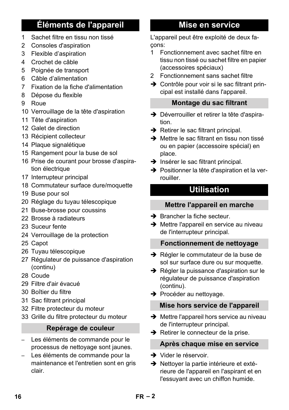 Éléments de l'appareil, Mise en service, Utilisation | Karcher T 15-1+ ESB28 EU User Manual | Page 16 / 156