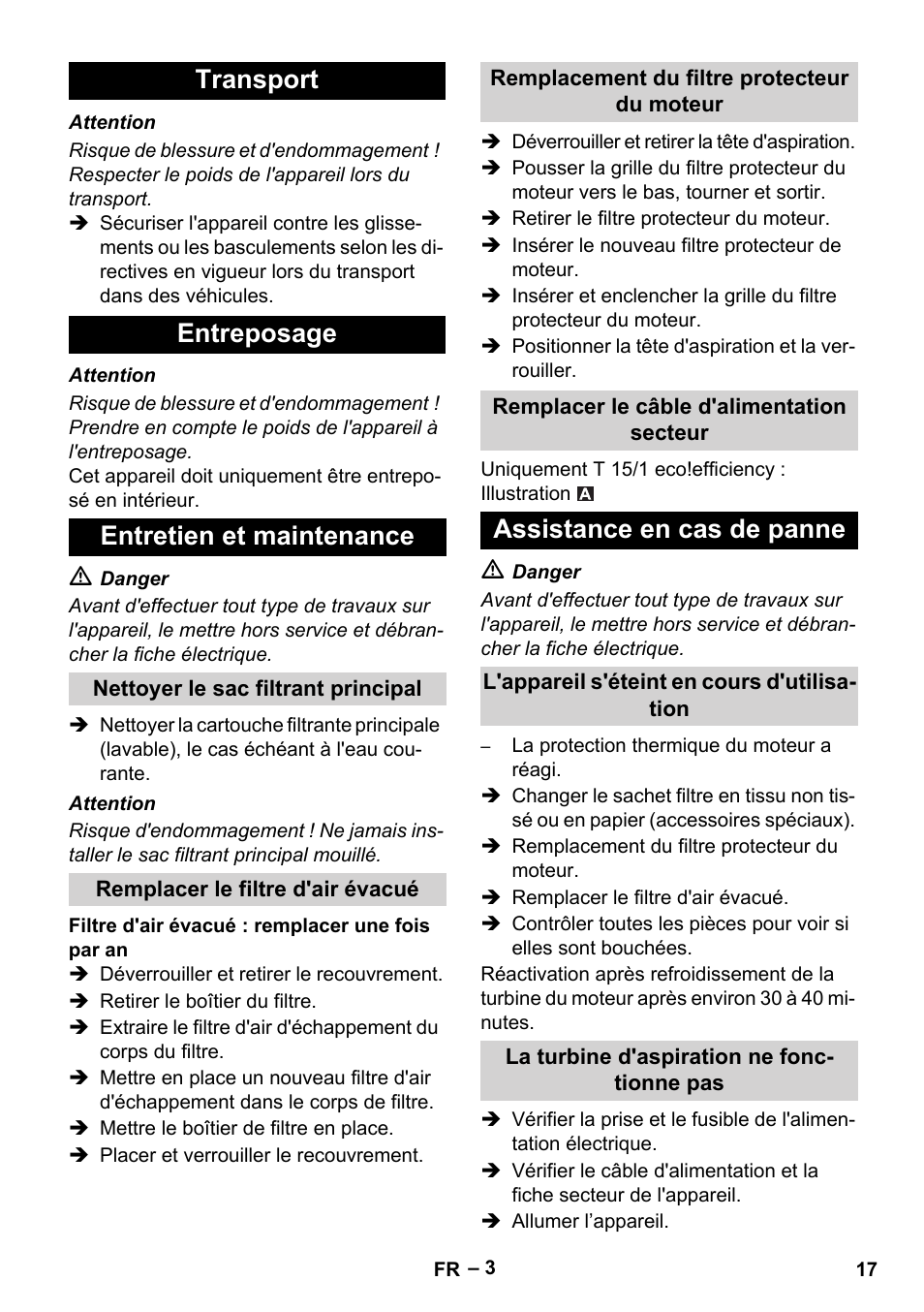 Transport entreposage entretien et maintenance, Assistance en cas de panne | Karcher T 15-1+ ESB28 EU User Manual | Page 17 / 156