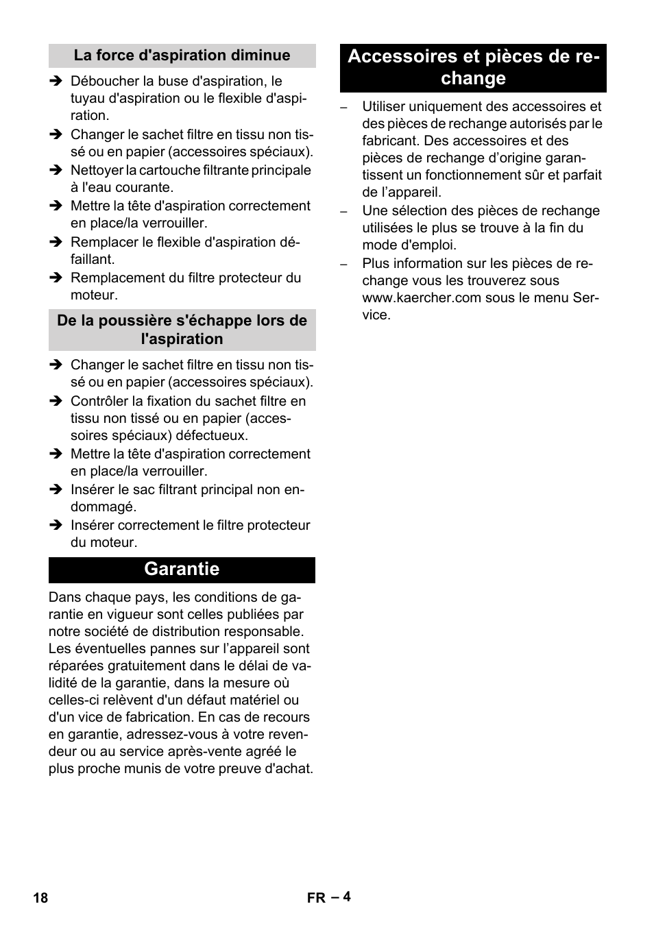 Garantie accessoires et pièces de re- change | Karcher T 15-1+ ESB28 EU User Manual | Page 18 / 156