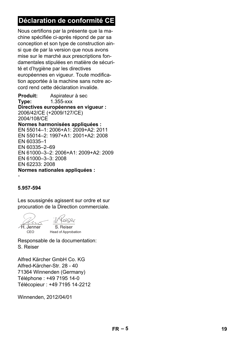 Déclaration de conformité ce | Karcher T 15-1+ ESB28 EU User Manual | Page 19 / 156