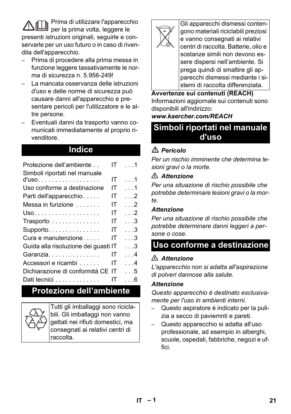 Italiano, Indice, Protezione dell’ambiente | Karcher T 15-1+ ESB28 EU User Manual | Page 21 / 156