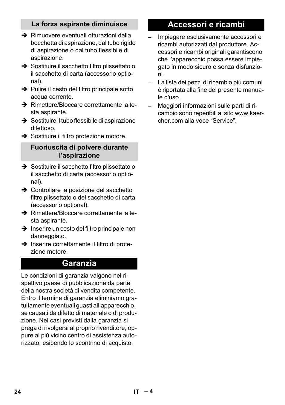 Garanzia accessori e ricambi | Karcher T 15-1+ ESB28 EU User Manual | Page 24 / 156