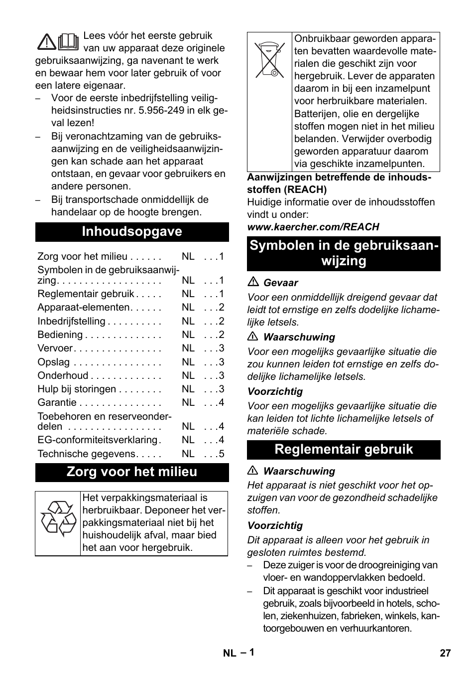 Nederlands, Inhoudsopgave, Zorg voor het milieu | Karcher T 15-1+ ESB28 EU User Manual | Page 27 / 156