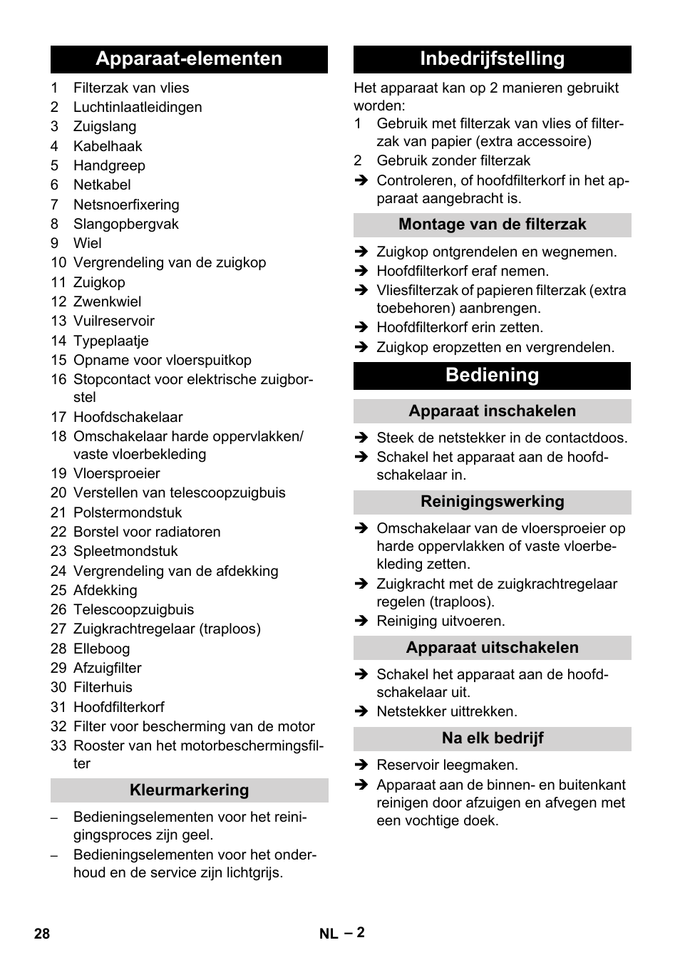 Apparaat-elementen, Inbedrijfstelling, Bediening | Karcher T 15-1+ ESB28 EU User Manual | Page 28 / 156