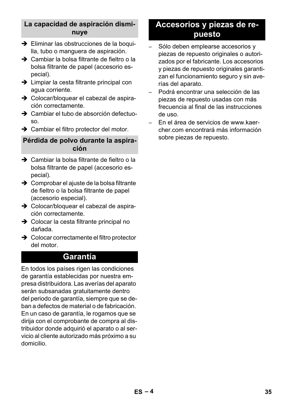 Garantía accesorios y piezas de re- puesto | Karcher T 15-1+ ESB28 EU User Manual | Page 35 / 156