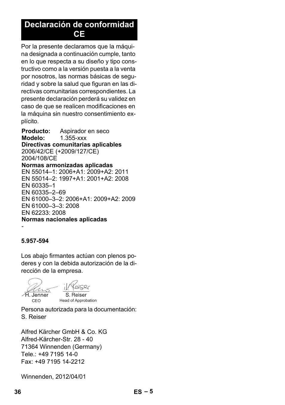 Declaración de conformidad ce | Karcher T 15-1+ ESB28 EU User Manual | Page 36 / 156