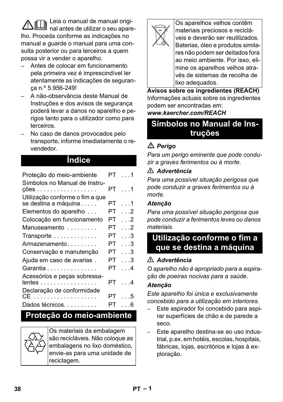 Português, Índice, Proteção do meio-ambiente | Karcher T 15-1+ ESB28 EU User Manual | Page 38 / 156