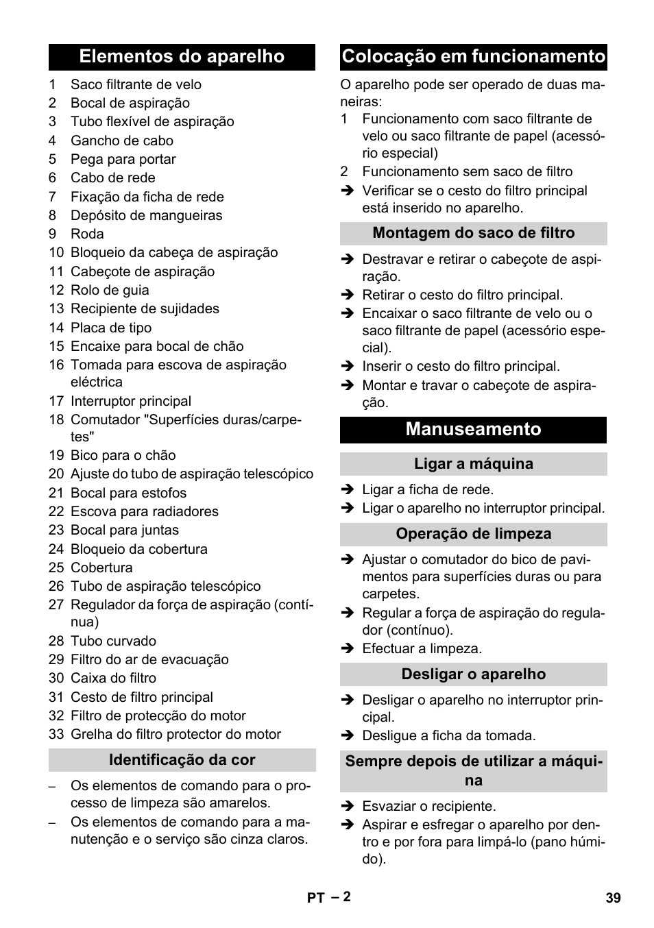 Elementos do aparelho, Colocação em funcionamento, Manuseamento | Karcher T 15-1+ ESB28 EU User Manual | Page 39 / 156