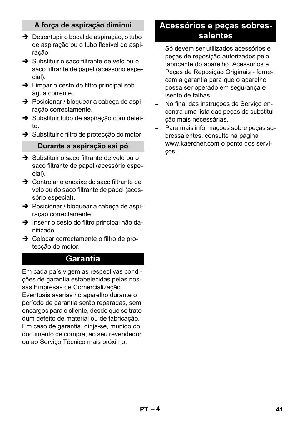 Garantia acessórios e peças sobres- salentes | Karcher T 15-1+ ESB28 EU User Manual | Page 41 / 156