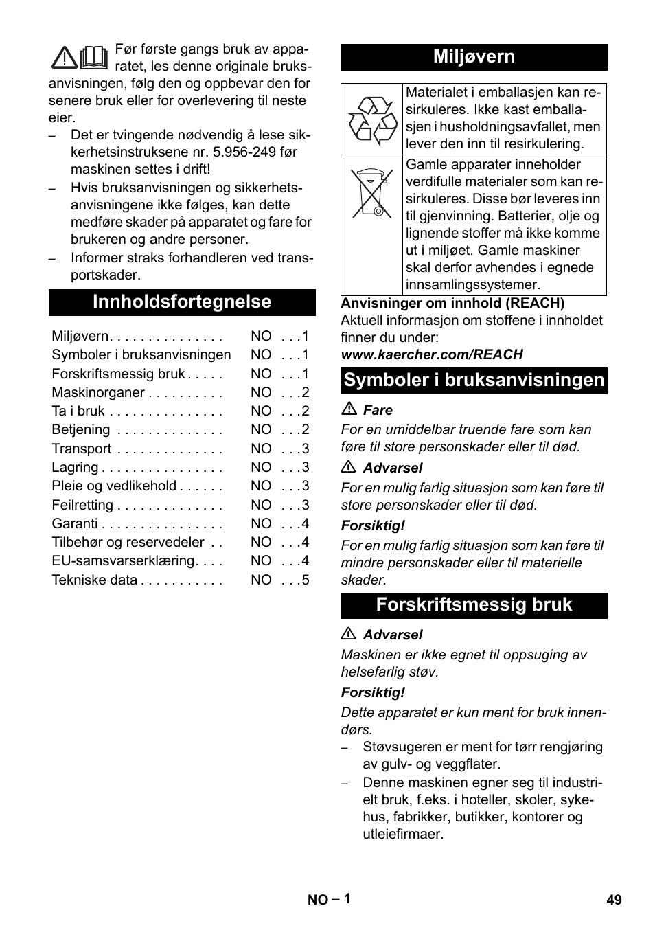 Norsk, Innholdsfortegnelse, Miljøvern | Symboler i bruksanvisningen forskriftsmessig bruk | Karcher T 15-1+ ESB28 EU User Manual | Page 49 / 156