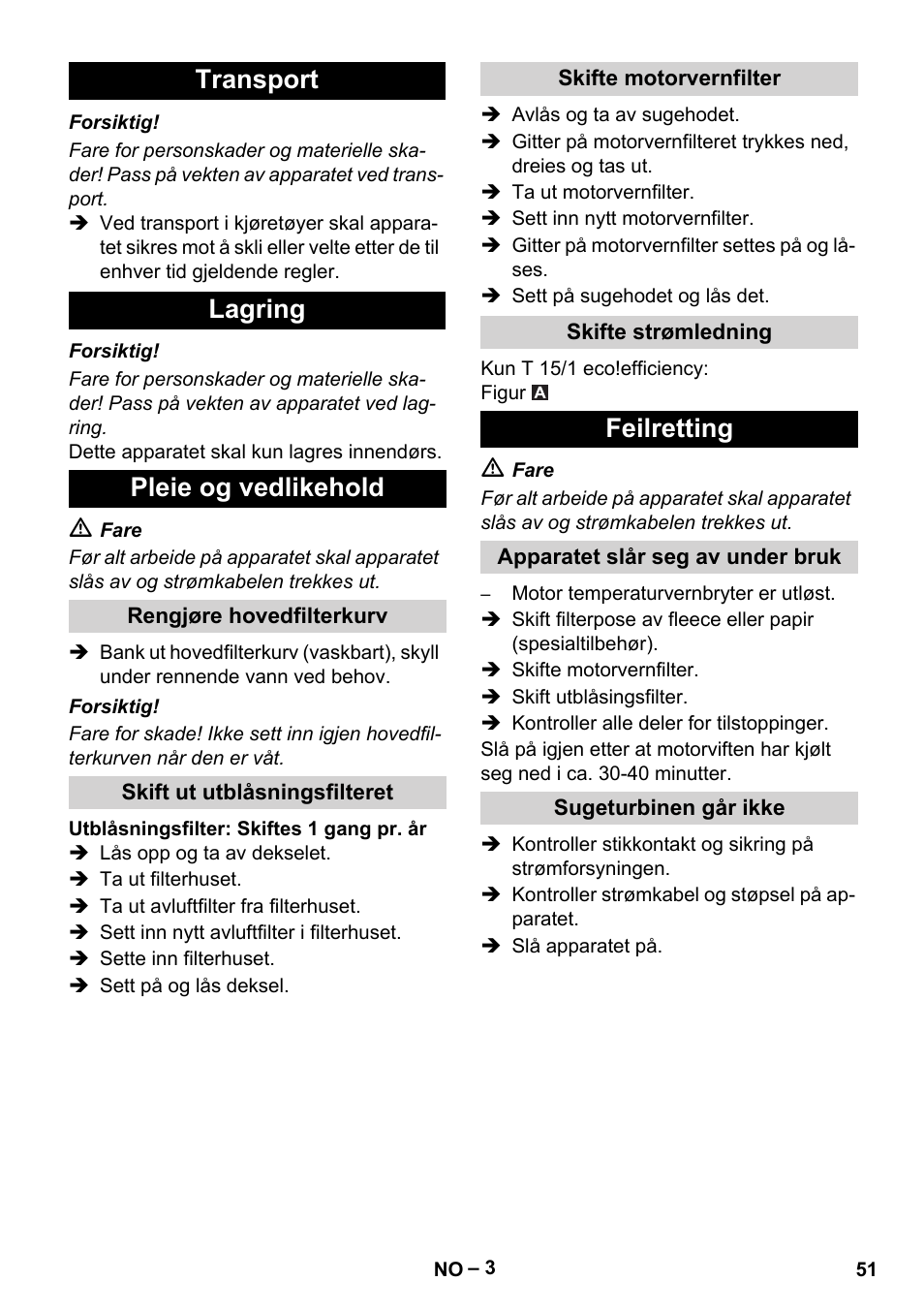 Transport lagring pleie og vedlikehold, Feilretting | Karcher T 15-1+ ESB28 EU User Manual | Page 51 / 156