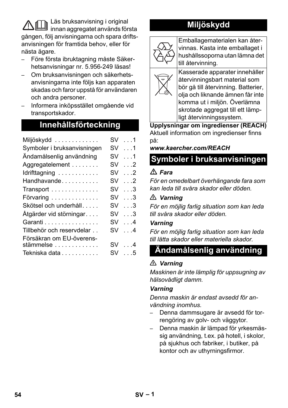 Svenska, Innehållsförteckning, Miljöskydd | Karcher T 15-1+ ESB28 EU User Manual | Page 54 / 156