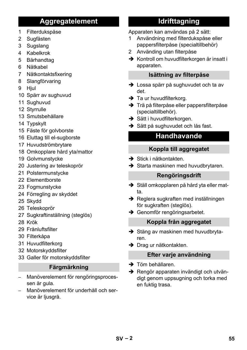 Aggregatelement, Idrifttagning, Handhavande | Karcher T 15-1+ ESB28 EU User Manual | Page 55 / 156