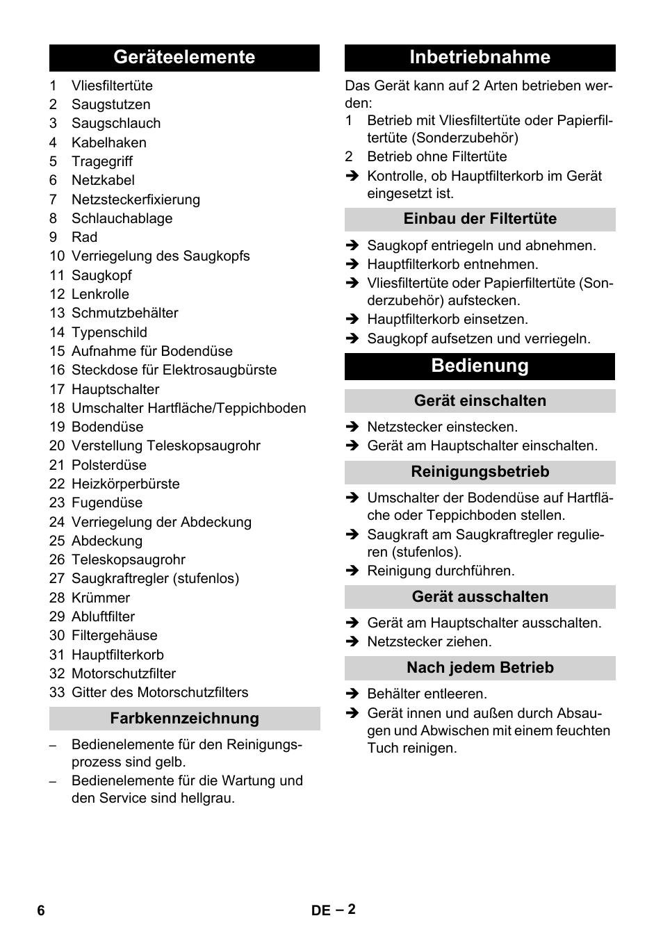 Geräteelemente, Inbetriebnahme, Bedienung | Karcher T 15-1+ ESB28 EU User Manual | Page 6 / 156