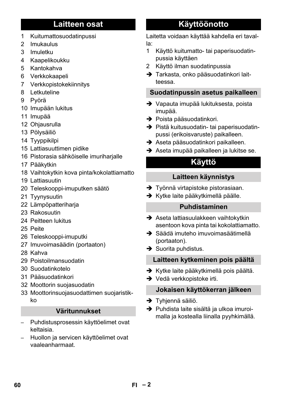 Laitteen osat, Käyttöönotto, Käyttö | Karcher T 15-1+ ESB28 EU User Manual | Page 60 / 156