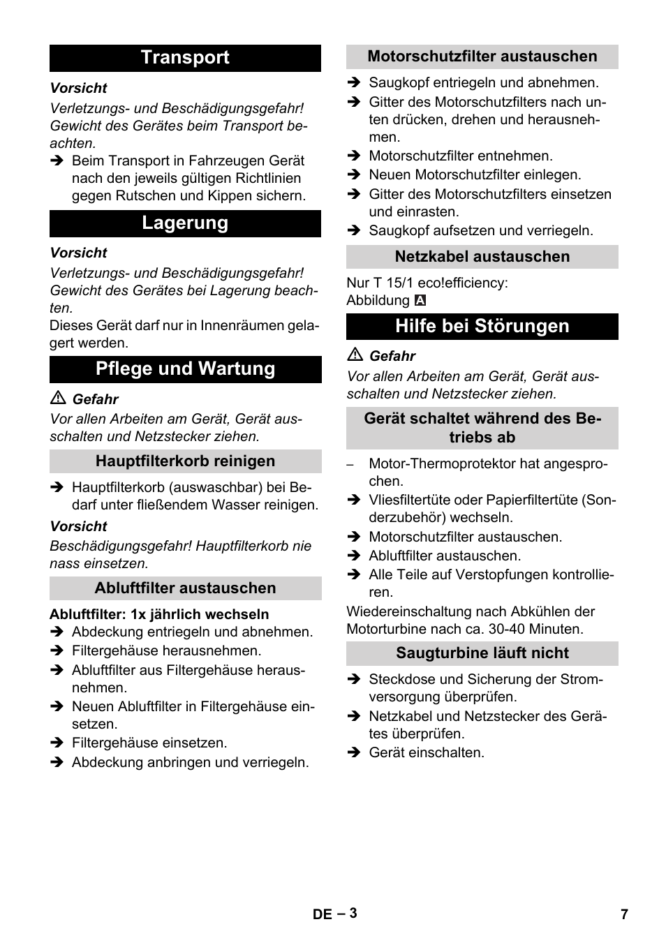 Transport lagerung pflege und wartung, Hilfe bei störungen | Karcher T 15-1+ ESB28 EU User Manual | Page 7 / 156