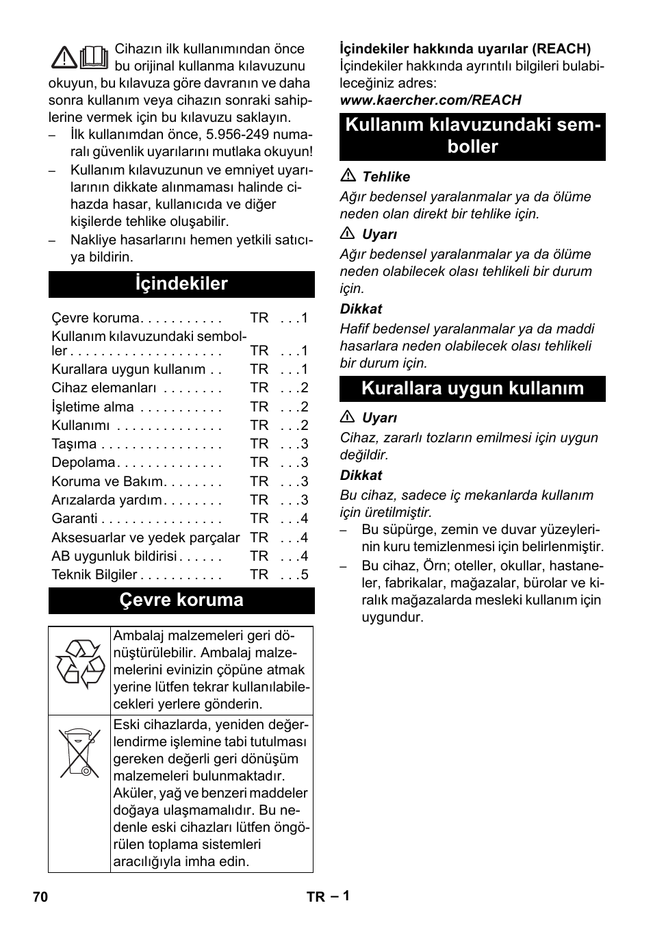 Türkçe, Içindekiler, Çevre koruma | Karcher T 15-1+ ESB28 EU User Manual | Page 70 / 156