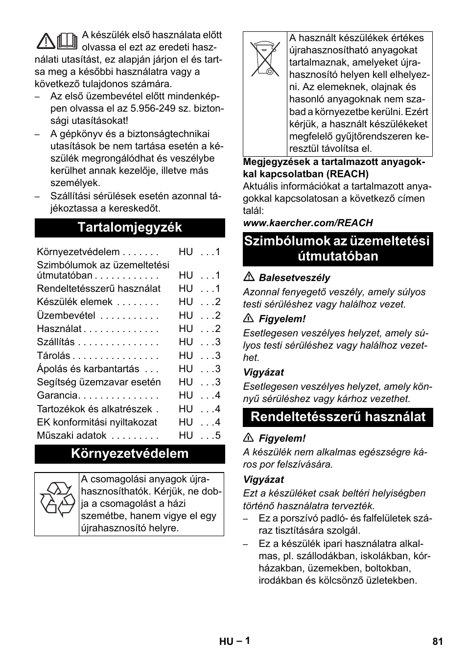 Magyar, Tartalomjegyzék, Környezetvédelem | Karcher T 15-1+ ESB28 EU User Manual | Page 81 / 156