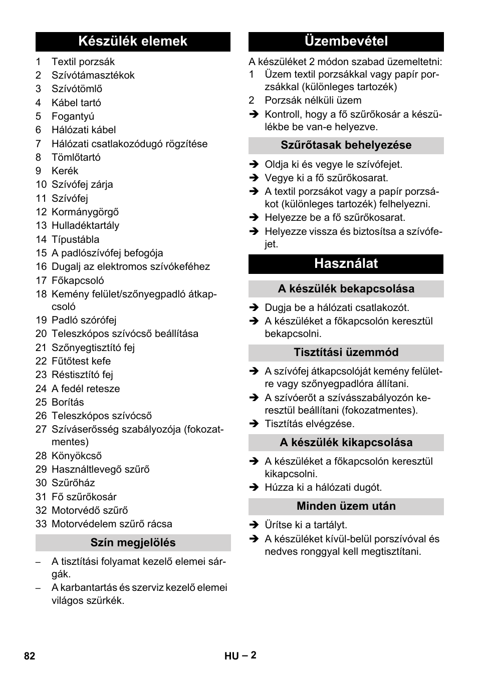 Készülék elemek, Üzembevétel, Használat | Karcher T 15-1+ ESB28 EU User Manual | Page 82 / 156